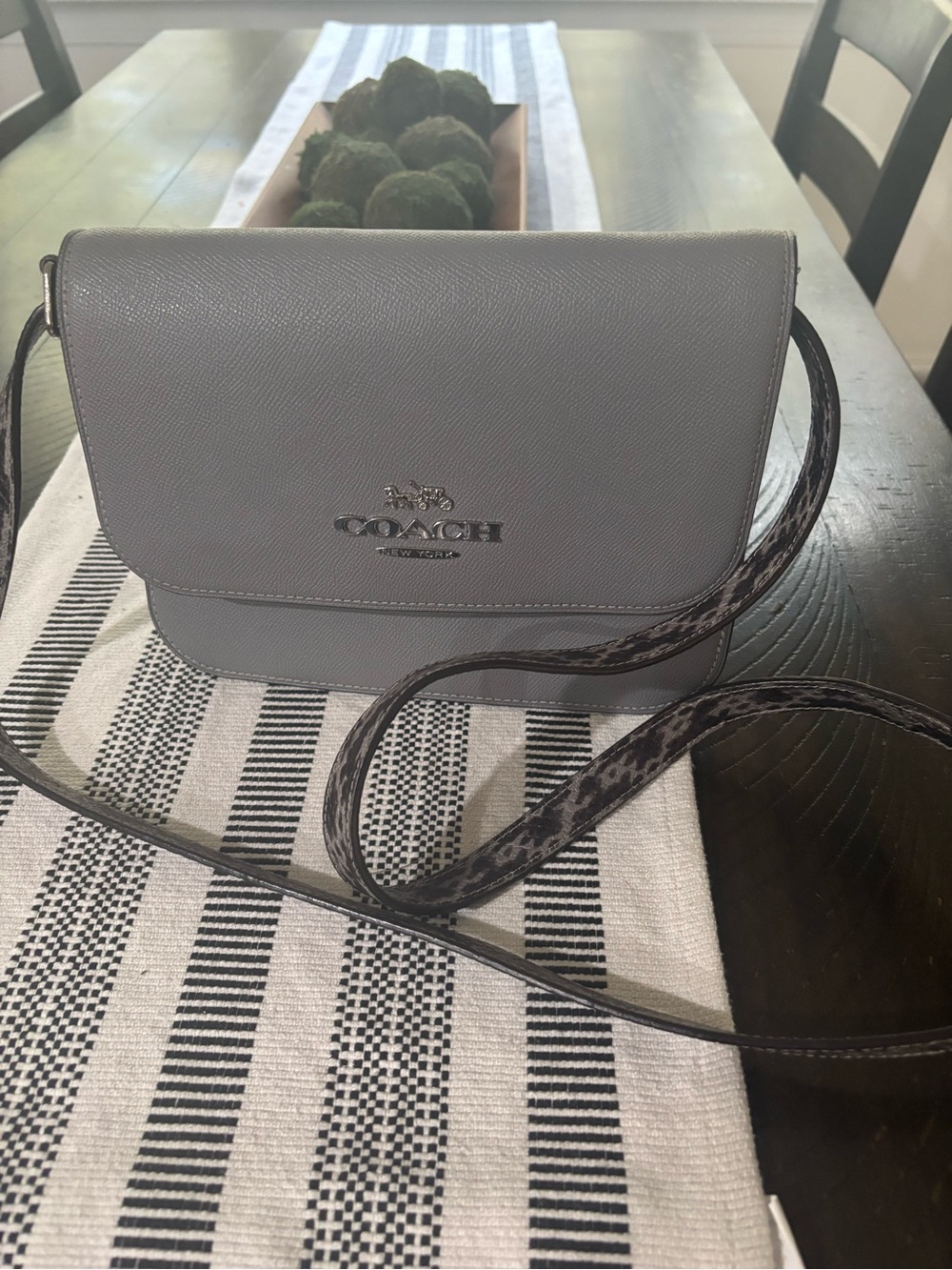 Coach Gray Leather Crossbody with Signature Snakeskin Pattern Strap